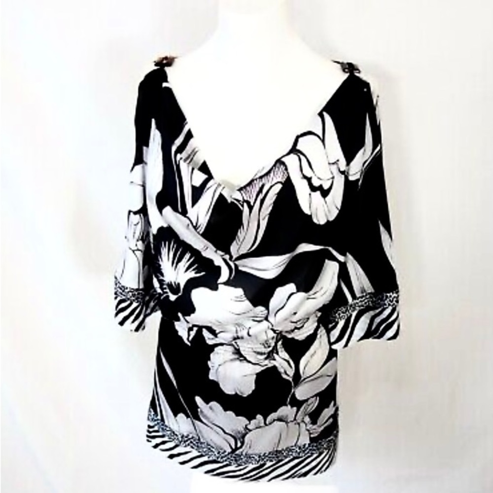 WHBM Women’s Open Shoulder Big Print Floral Blouse Satin Peplum Tunic